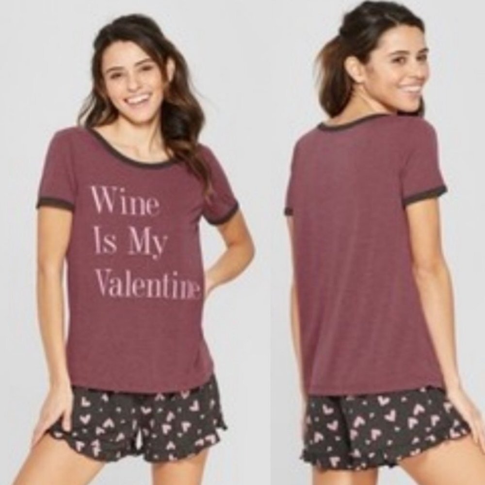 Wine Is My Valentine Cozy Tee Pajama Top Pink Size Medium T-Shirt Mauve Casual